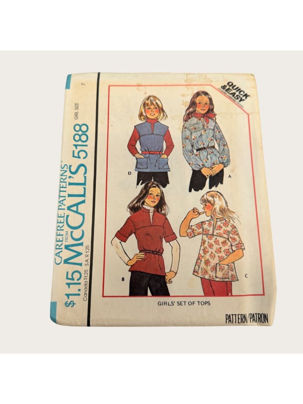 Vintage 1970s McCalls Sewing Pattern 5188 Girls Top Size 7 Uncut